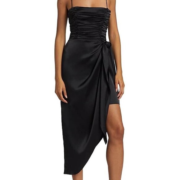 WAYF “Delaney” Asymmetric Satin Midi Dress with Ruched Bodice in Black – Size Me - Picture 2 of 7